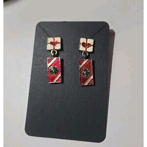 Enamel And Gold Tone Christmas Present Dangle Earrings